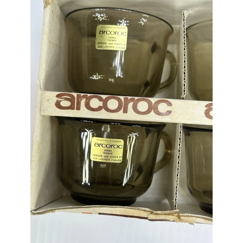 Vintage Arcoroc Smoked Glass (6) Cups & Saucers Set New In Original Box‎ 12 Pc